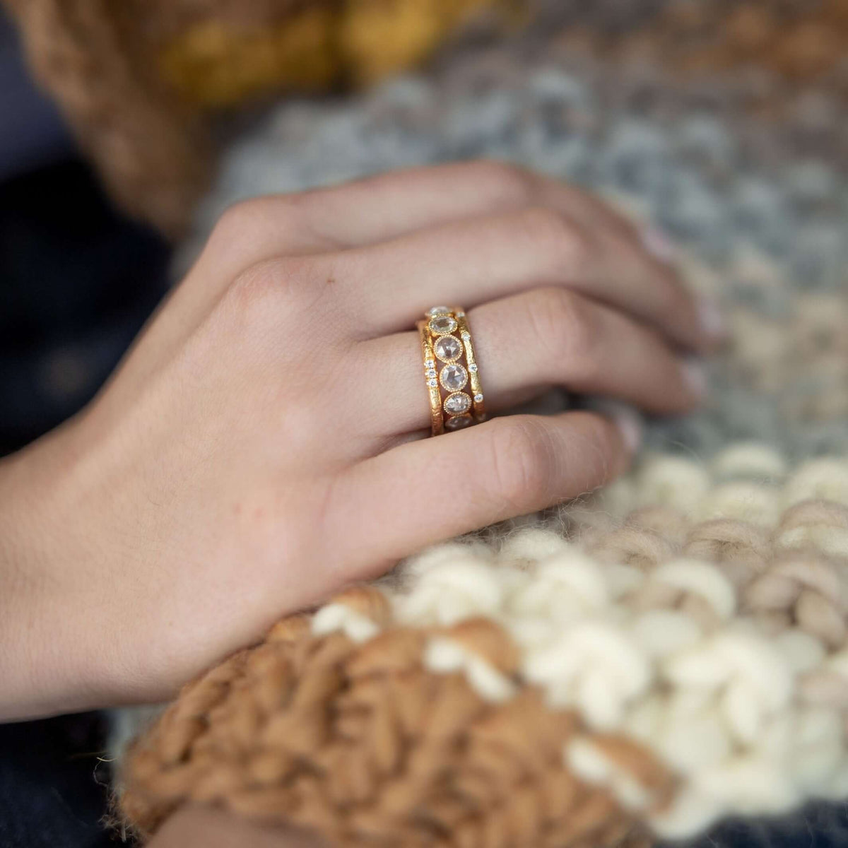 SINGLE STONE REN BAND | Approximately 0.14ctw G-H/VS old European cut diamonds set in a handcrafted hammered 22K yellow gold band. Approximate band with 2mm. Please inquire for additional customization.