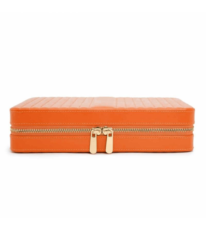MARIA LARGE ZIP CASE - TANGERINE, Material: Leather Storage: 10 ring rolls, 2 open compartments, 1 lidded compartment, 2 drawstring pouches, 6 necklace snap-on hooks with pocket, 1 ring bar, one earring bar. LusterLoc™: Allows the fabric lining the inside