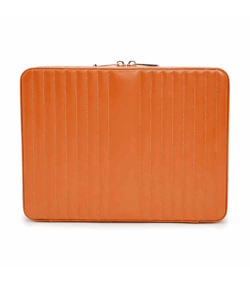 MARIA LARGE ZIP CASE, Material: Leather 
Storage: 10 ring rolls, 2 open compartments, 1 lidded compartment, 2 drawstring pouches,  6 necklace snap-on hooks with pocket, 1 ring bar, one earring bar. 
LusterLoc™: Allows the fabric lining the inside of your jewellery cases to absorb the hostile gases known to cause tarnishing. Under typical storage conditions, it can prevent tarnishing for up to 35 years 

, Gifts, WOLF DESIGNS, INC