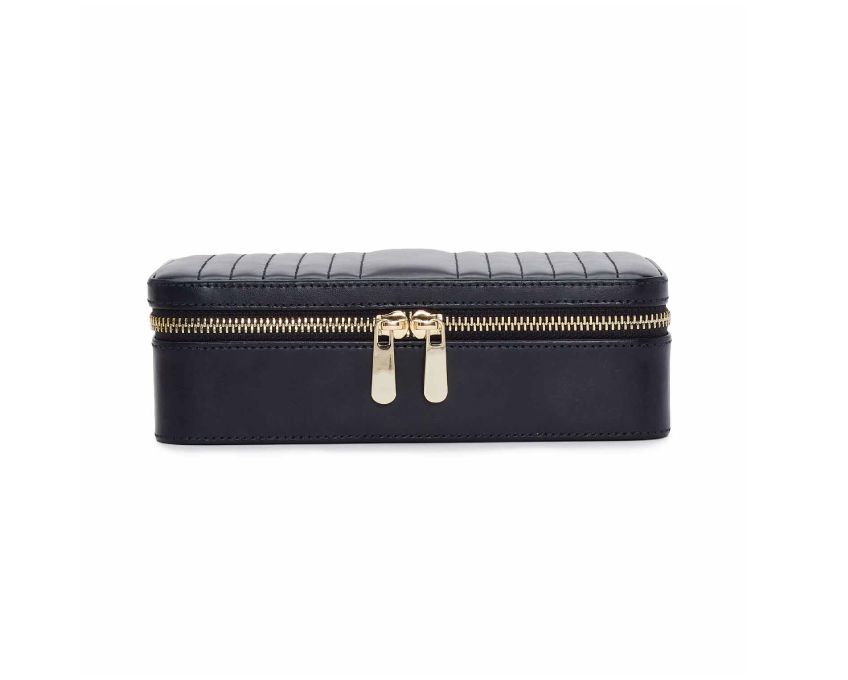 MARIA MEDIUM ZIP CASE - NAVY, Material: Leather Storage: 1 earring tab, 1 ring tab, 1 zip pocket, double multi-purpose zip pouch with 4 storage compartments, 3 snap-on necklace hooks with pocket. LusterLoc™: Allows the fabric lining the inside of your jew