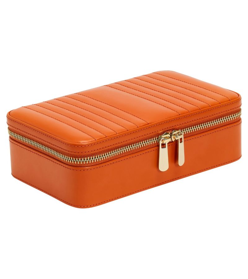MARIA MEDIUM ZIP CASE - TANGERINE, Material: Leather Storage: 1 earring tab, 1 ring tab, 1 zip pocket, double multi-purpose zip pouch with 4 storage compartments, 3 snap-on necklace hooks with pocket. LusterLoc™: Allows the fabric lining the inside of you