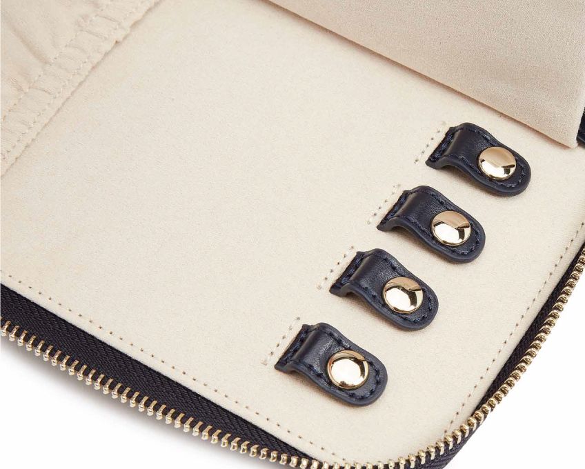 MARIA JEWELRY PORTFOLIO - NAVY, Material: Leather Storage: 1 earring tab, 1 ring tab, 2 zip compartments, 4 snap-on necklace hooks with pocket LusterLoc™: Allows the fabric lining the inside of your jewellery cases to absorb the hostile gases known to cau