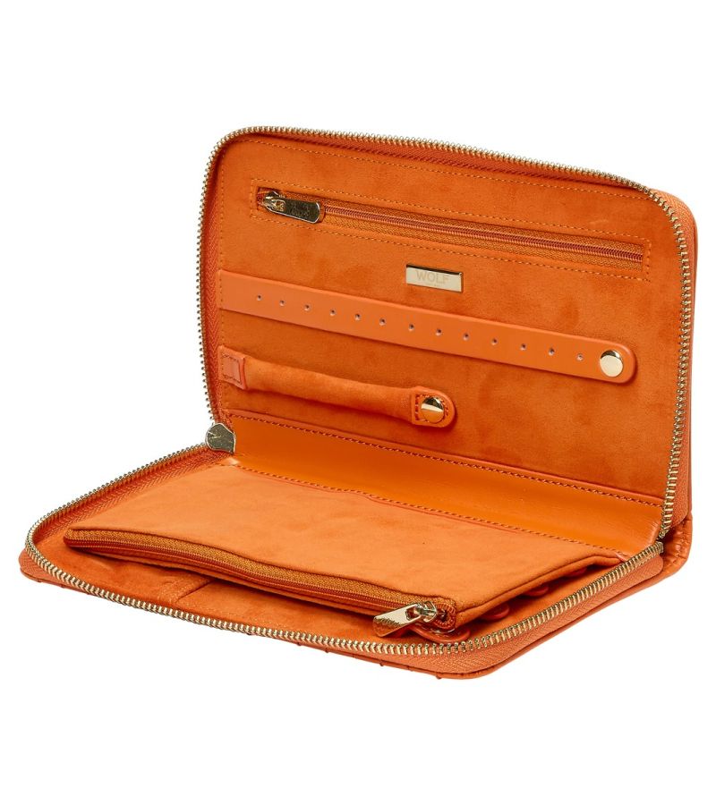 MARIA JEWELRY PORTFOLIO, Material: Leather 
Storage: 1 earring tab, 1 ring tab, 2 zip compartments, 4 snap-on necklace hooks with pocket 
LusterLoc™: Allows the fabric lining the inside of your jewellery cases to absorb the hostile gases known to cause tarnishing. Under typical storage conditions, it can prevent tarnishing for up to 35 years 
8.75" L X 5.25" W X 1.25" H 
, Gifts, WOLF DESIGNS, INC