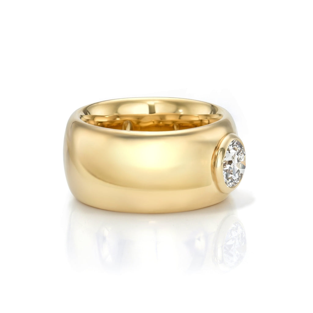 SINGLE STONE ADRINA RING featuring 1.00ct J/SI2 GIA certified old European cut diamond bezel set in a handcrafted 18K yellow gold wide dome mounting.