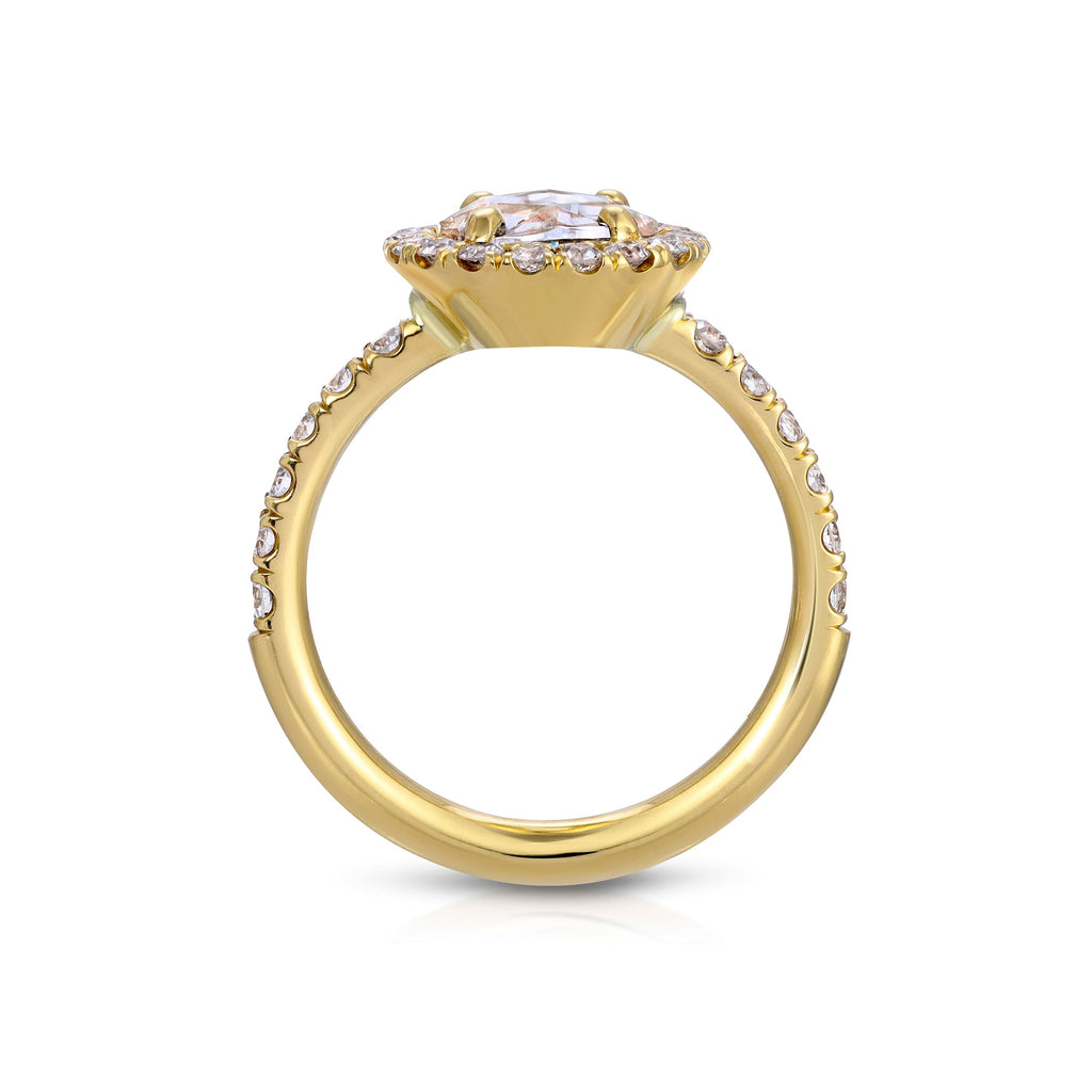 SINGLE STONE ANDIE RING featuring 1.42ct K/VS2 GIA certified oval rose cut diamond with 0.70ctw old European cut accent diamonds prong set in a handcrafted 18K yellow gold mounting.