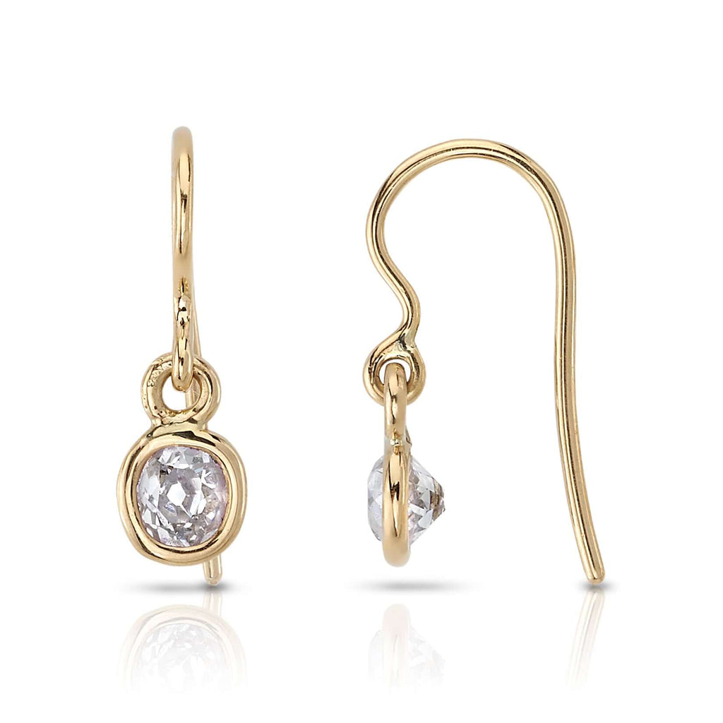 SINGLE STONE ANITA DROPS | Earrings featuring 0.75ctw H-I/VS-SI antique old mine cut diamonds bezel set in handcrafted 18K yellow gold drop earrings.