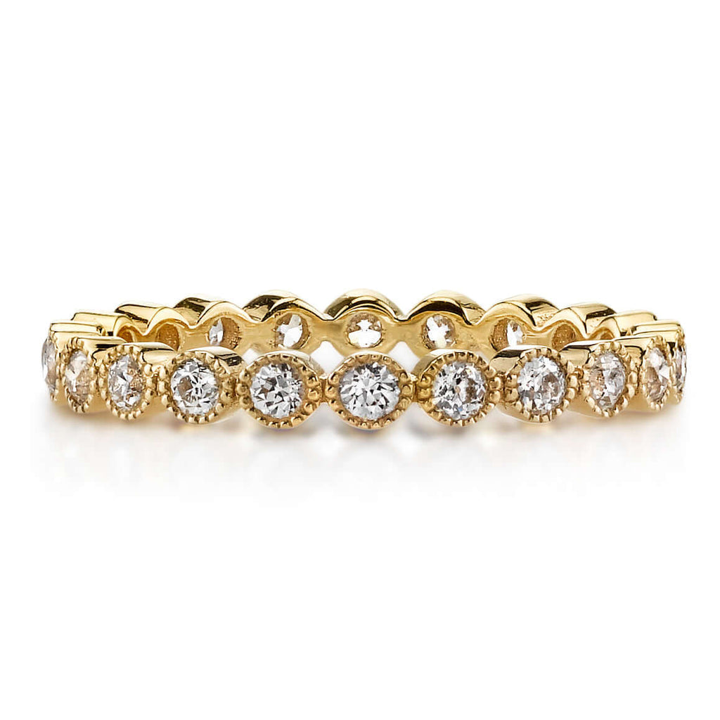 SINGLE STONE MINI GABBY BAND | Approximately 0.70ctw old European cut diamonds set in a handcrafted bezel set eternity band. Approximate band width 2.4mm. Please inquire for additional customization,