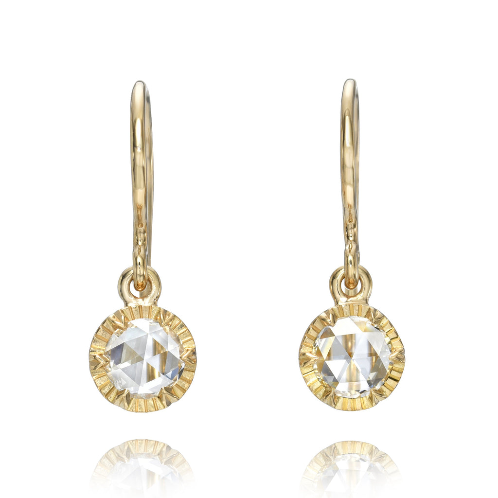 SINGLE STONE ARIELLE DROPS | Earrings featuring 0.74ctw F-G/VS rose cut diamonds prong set in handcrafted 18K yellow gold drop earrings.
