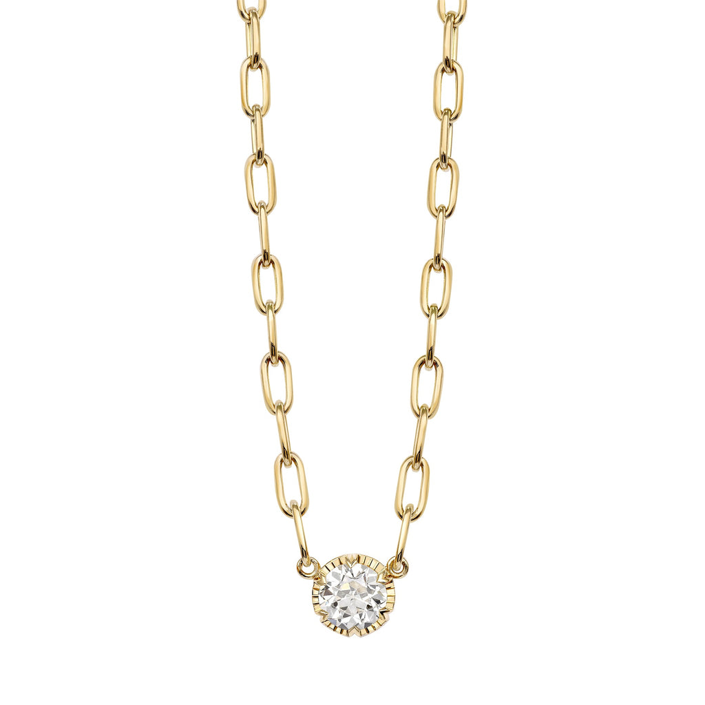 SINGLE STONE ARIELLE NECKLACE featuring 1.05ct L/VS1 GIA certified old European cut diamond prong set on a handcrafted 18K yellow gold pendant necklace. Necklace measures 17".