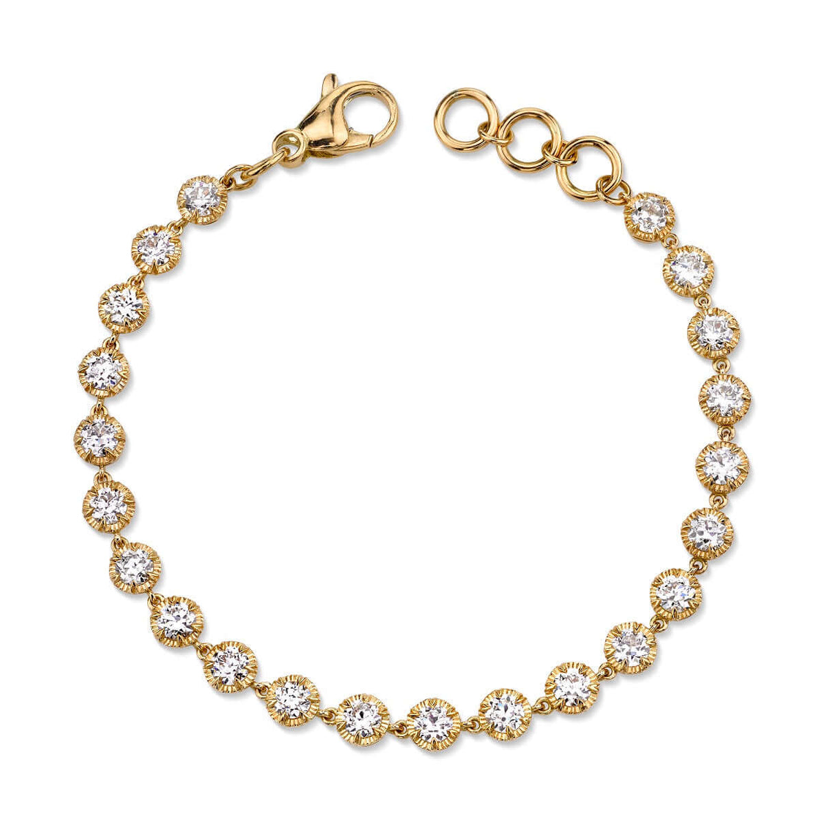 SINGLE STONE ARIELLE BRACELET featuring 4.82ctw G-H/VS-SI old European cut diamonds set in a handcrafted 18K yellow gold diamond tennis bracelet.