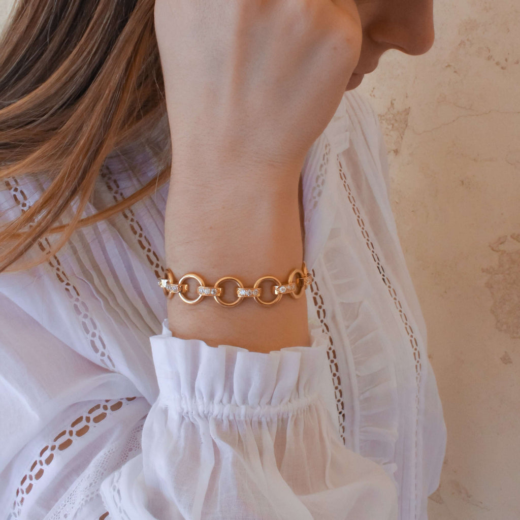 SINGLE STONE ASTRID BRACELET WITH DIAMONDS featuring Handcrafted 18K gold round and saddle-shaped link bracelet with hidden closure and approximately 2.55ctw G-H/VS old European cut diamonds. Bracelet measures 7.5". Please inquire for additional customiza