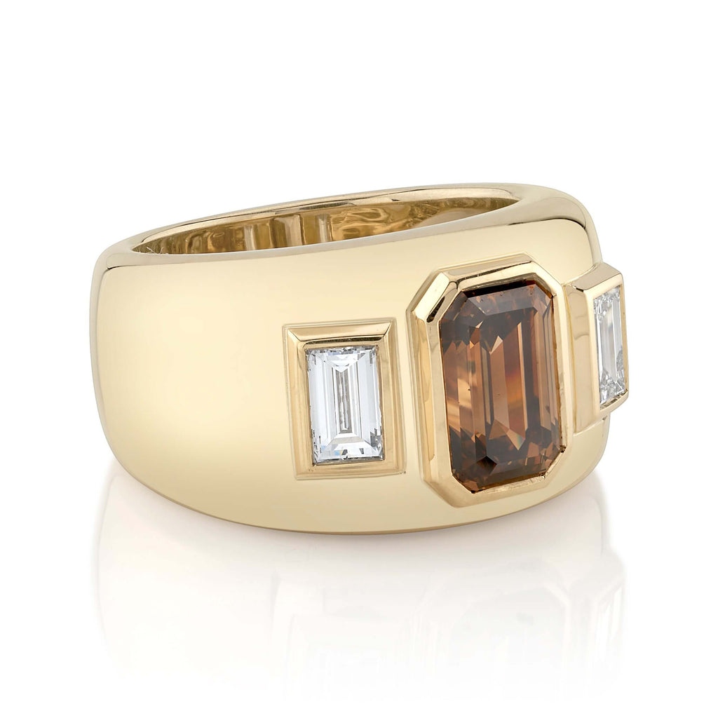 SINGLE STONE BEAUX RING featuring 2.34ct Fancy Orange/Brown/SI2 GIA certified emerald cut diamond with 0.62ctw baguette cut accent diamonds set in a handcrafted 18K yellow gold mounting.