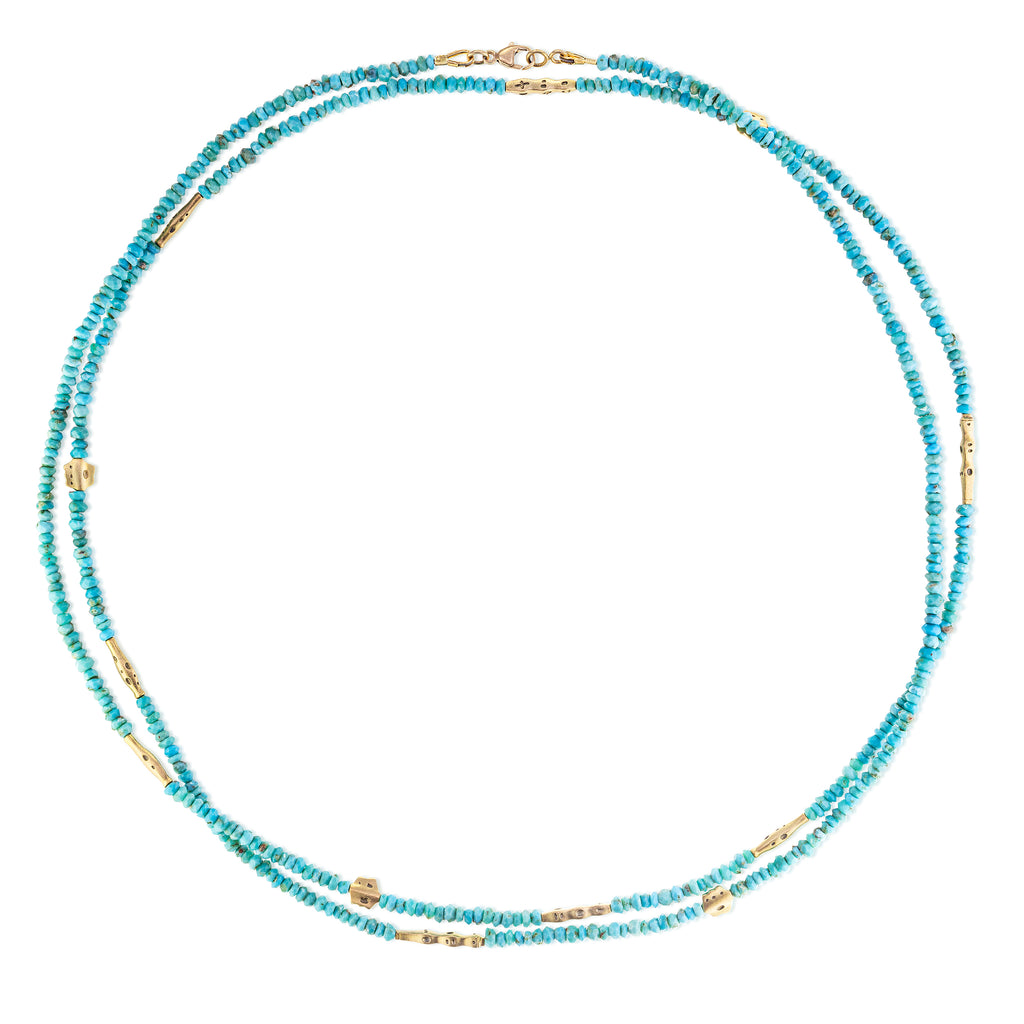 FLORA RONDELLES & TURQUOISE BEAD NECKLACE, 18 karat yellow gold clasp and flora rondelles Natural turquoise beads 38 inches Made in New York, NECKLACES, Alex Sepkus