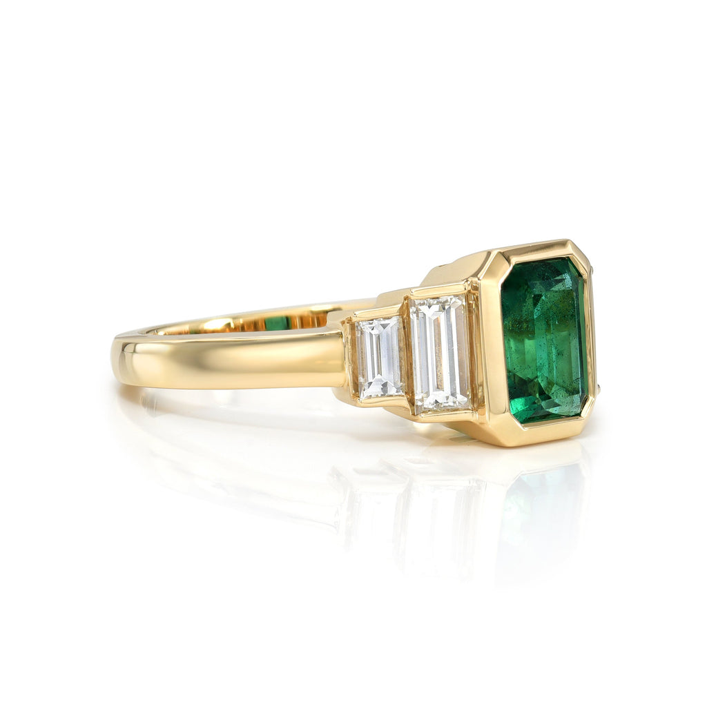 CAROLINE, 1.46ct GIA certified Zambian emerald cut green emerald with 0.66ctw baguette cut accent diamonds bezel set in a handcrafted 18K yellow gold mounting., RINGS, SINGLE STONE