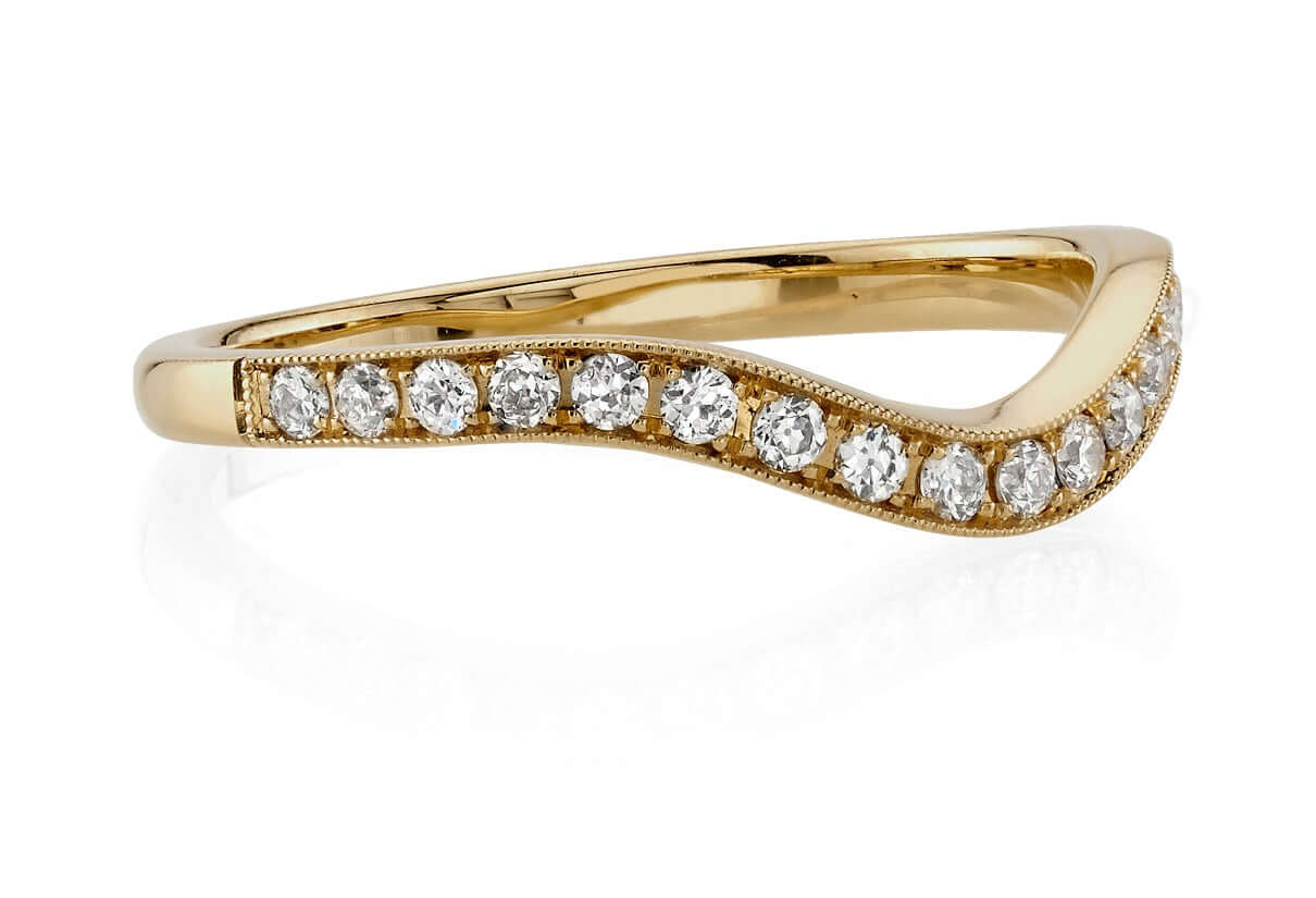 SINGLE STONE GRACE WITH DIAMONDS BAND | 2mm handcrafted curved band with approximately 0.30ctw G-H/VS old European cut diamonds. Please inquire for additional customization.