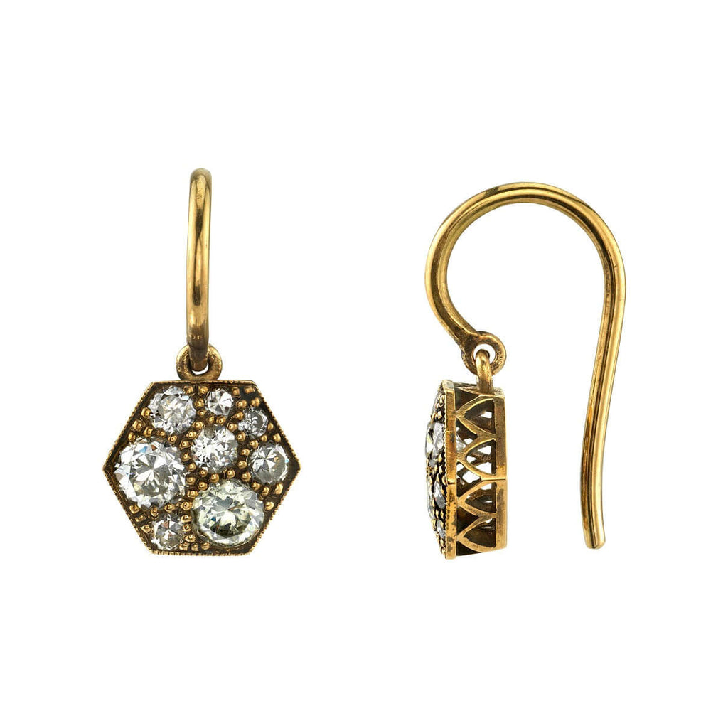 SINGLE STONE HEXAGON COBBLESTONE DROPS | Earrings featuring 0.60ctw varying old cut and round brilliant cut diamonds set in handcrafted, oxidized 18K yellow gold drop earrings. Price may vary according to diamond weight. *Cobblestone pattern may vary from