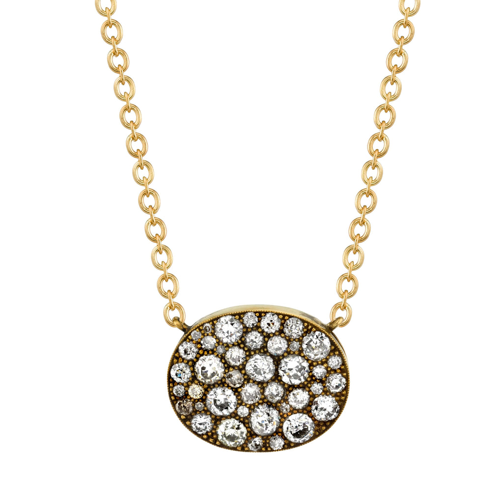 SINGLE STONE OVAL COBBLESTONE PENDANT NECKLACE featuring Approximately 1.80ctw various old cut and round brilliant cut diamonds set in a handcrafted 18K yellow gold pendant. Price may vary according to total diamond weight. Available in an oxidized or pol