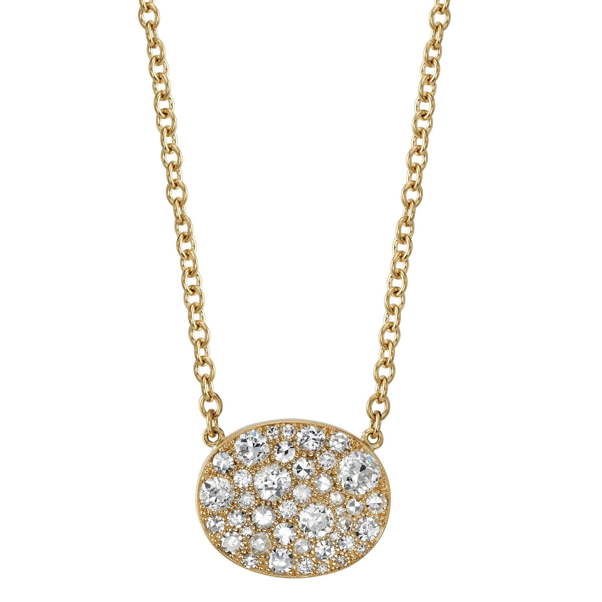SINGLE STONE OVAL COBBLESTONE PENDANT NECKLACE featuring Approximately 1.80ctw various old cut and round brilliant cut diamonds set in a handcrafted 18K yellow gold pendant. Price may vary according to total diamond weight. Available in an oxidized or pol