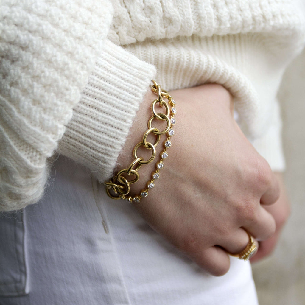 SINGLE STONE CLUB BRACELET featuring Handcrafted 18K gold round link bracelet. Charms sold separately. Bracelet measures 7.5". Please inquire for additional customization.