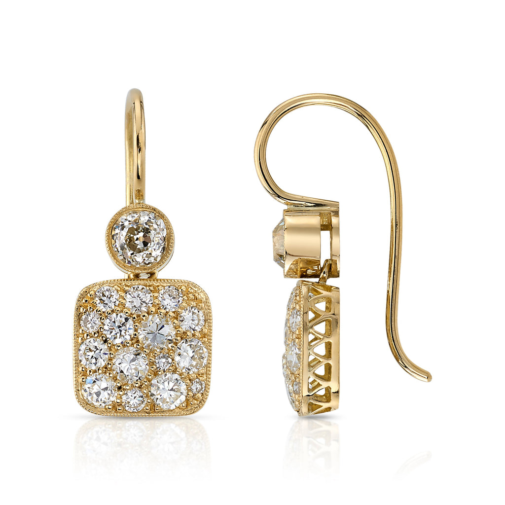 SINGLE STONE COBBLESTONE DOUBLE DROP EARRINGS | Earrings featuring 0.62ctw old European cut diamonds with 1.27ctw various old cut and round brilliant cut accent diamonds set in handcrafted, polished 18K yellow gold drop earrings. *Cobblestone pattern may