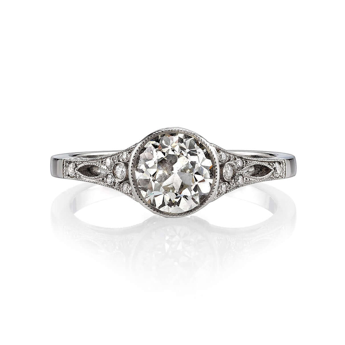 SINGLE STONE CORINNE RING featuring 1.14ct I/VS1 EGL certified old European cut diamond with 0.08ctw old European cut accent diamonds set in a handcrafted platinum mounting.