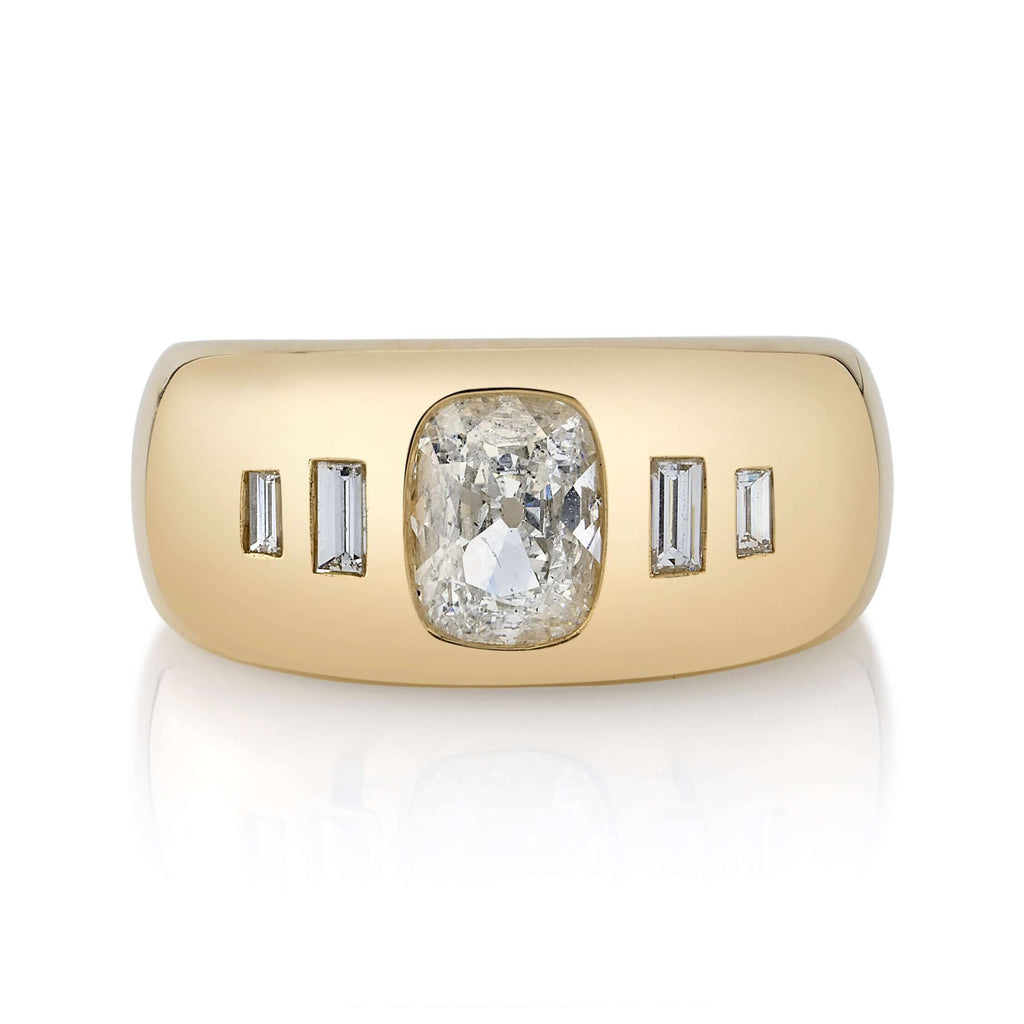 SINGLE STONE DALLAS RING featuring 0.91ct I/SI2 GIA certified antique cushion cut diamond with 0.11ctw baguette cut accent diamonds set in a handcrafted 18K yellow gold mounting.