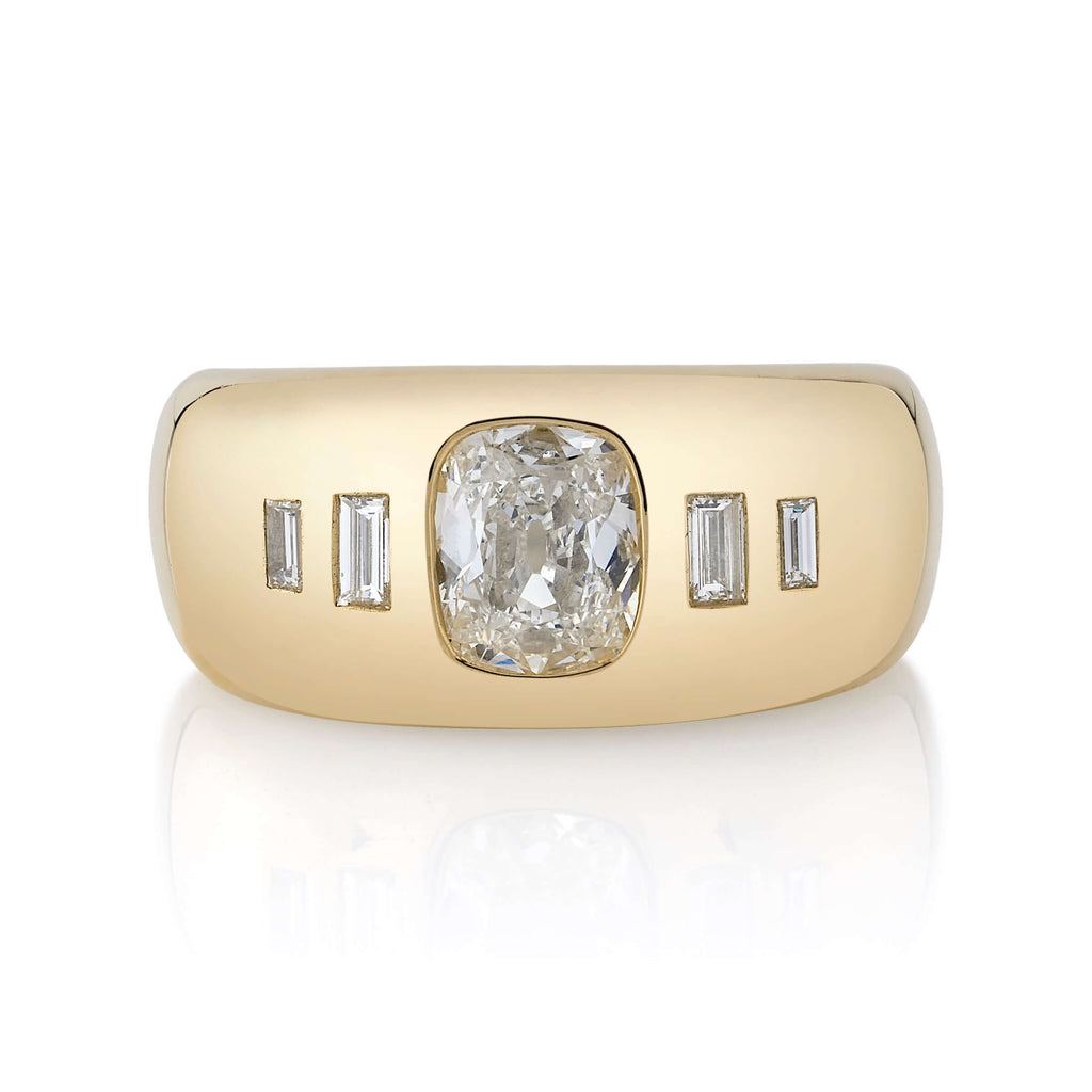 SINGLE STONE DALLAS RING featuring 1.02ct I/VS1 GIA certified antique cushion cut diamond with 0.14ctw baguette cut accent diamonds set in a handcrafted 18K yellow gold mounting.