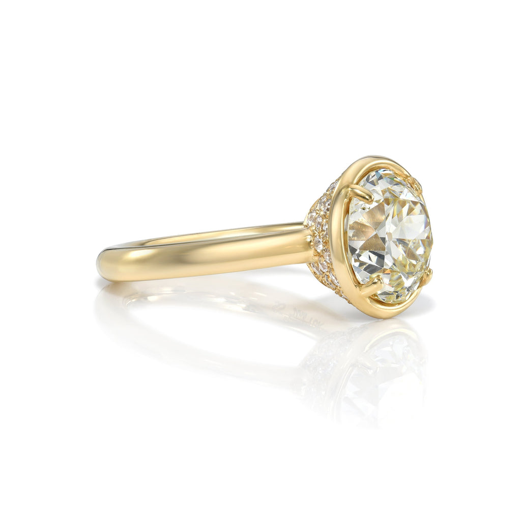 SINGLE STONE DEVI RING featuring 3.66ct M/SI1 GIA certified old European cut diamond with 0.65ctw old European cut accent diamonds set in a handcrafted 18K yellow gold mounting.