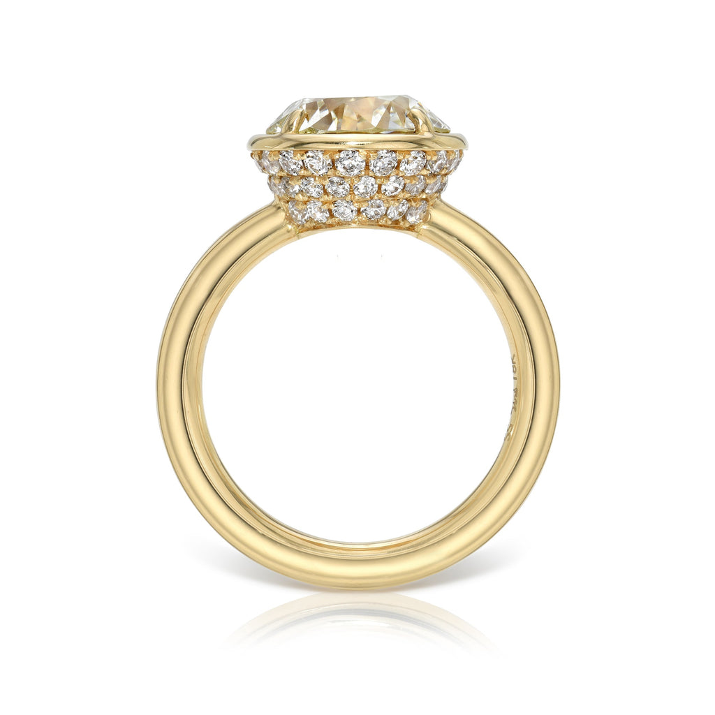 SINGLE STONE DEVI RING featuring 3.66ct M/SI1 GIA certified old European cut diamond with 0.65ctw old European cut accent diamonds set in a handcrafted 18K yellow gold mounting.