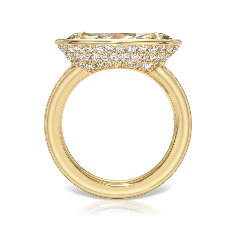 SINGLE STONE DEVI RING featuring 4.23ct S-T/SI2 GIA certified marquise cut diamond with 0.95ctw old European cut accent diamonds prong set in a handcrafted 18K yellow gold mounting.