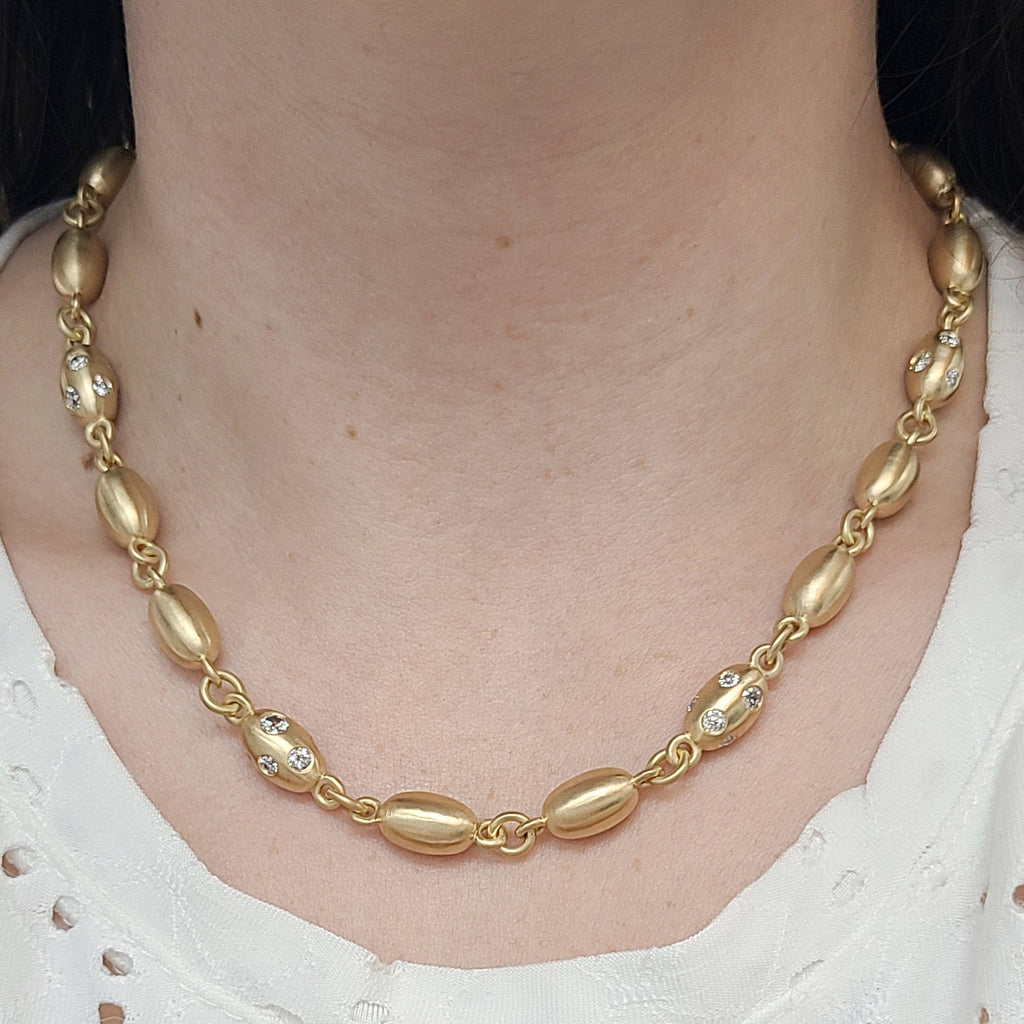 DOROTHY LUXE NECKLACE WITH DIAMONDS, Approximately 3.75-3.85ctw varying old cut and round brilliant cut diamonds set in a handcrafted 18K yellow gold necklace, available in a polished or satin finish. Necklace measures 17"., NECKLACES, SINGLE STONE