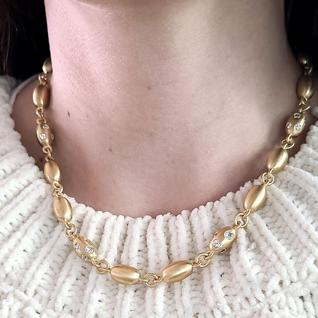 DOROTHY LUXE NECKLACE WITH DIAMONDS, Approximately 3.75-3.85ctw varying old cut and round brilliant cut diamonds set in a handcrafted 18K yellow gold necklace, available in a polished or satin finish. Necklace measures 17"., NECKLACES, SINGLE STONE