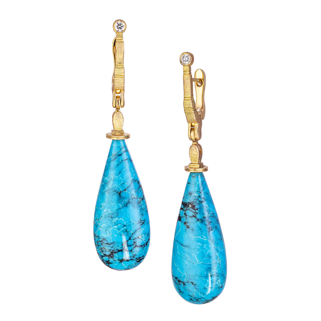 TURQUOISE STICKS & STONES DROPS, 18k yellow gold 36.90tw turquoise 0.11tw brilliant cut diamonds Made in New York, Earrings, Alex Sepkus