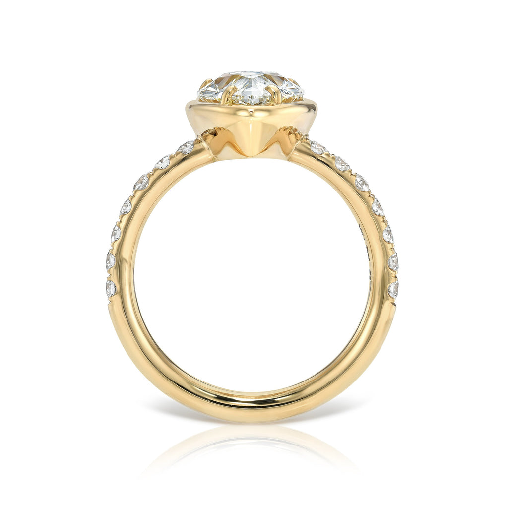 SINGLE STONE ELLA RING featuring 2.13ct H/SI1 GIA certified pear shaped diamond with 0.36ctw old European cut accent diamonds prong set in a handcrafted 18K yellow gold mounting.
