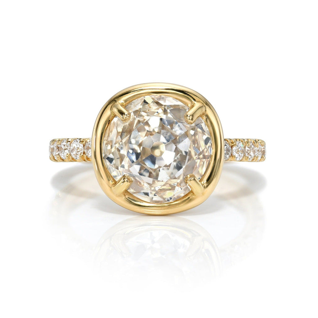 SINGLE STONE ELLA RING featuring 2.35ct J/SI2 GIA certified antique cushion cut diamond with 0.36ctw old European cut accent diamonds prong set in a handcrafted 18K yellow gold mounting,