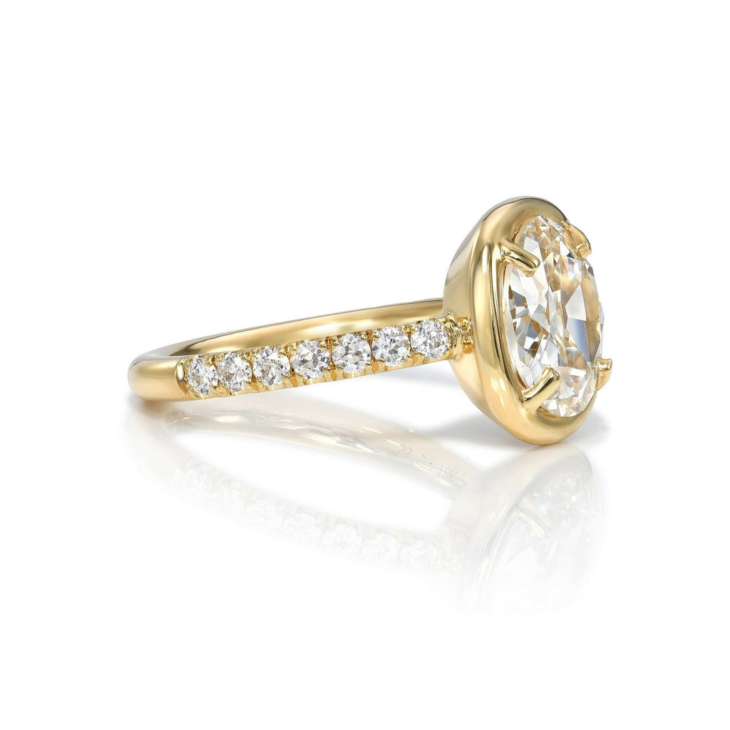 SINGLE STONE ELLA RING featuring 2.35ct J/SI2 GIA certified antique cushion cut diamond with 0.36ctw old European cut accent diamonds prong set in a handcrafted 18K yellow gold mounting,