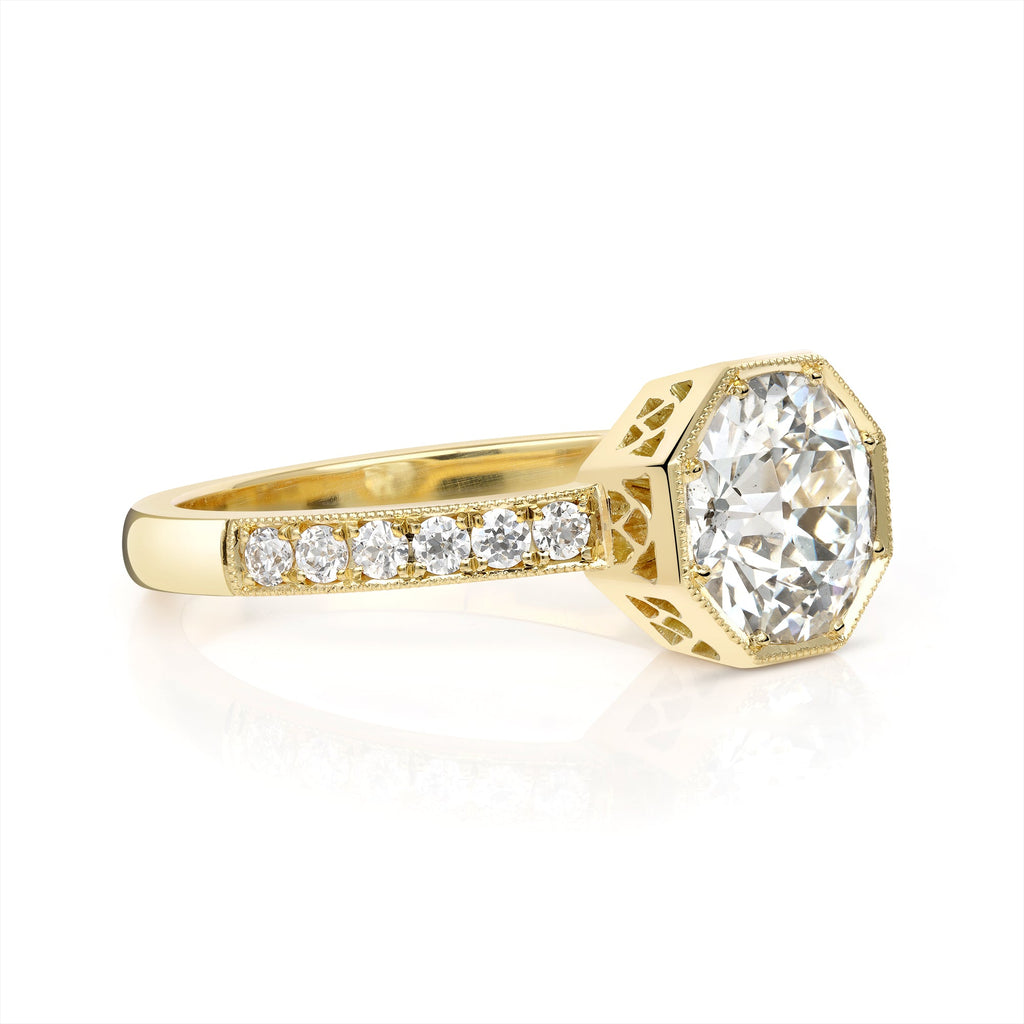 SINGLE STONE EMERSON WITH DIAMONDS RING featuring 1.41ct J/SI2 GIA certified old European cut diamond with 0.20ctw old European cut accent diamonds prong set in a handcrafted 18K yellow gold mounting.