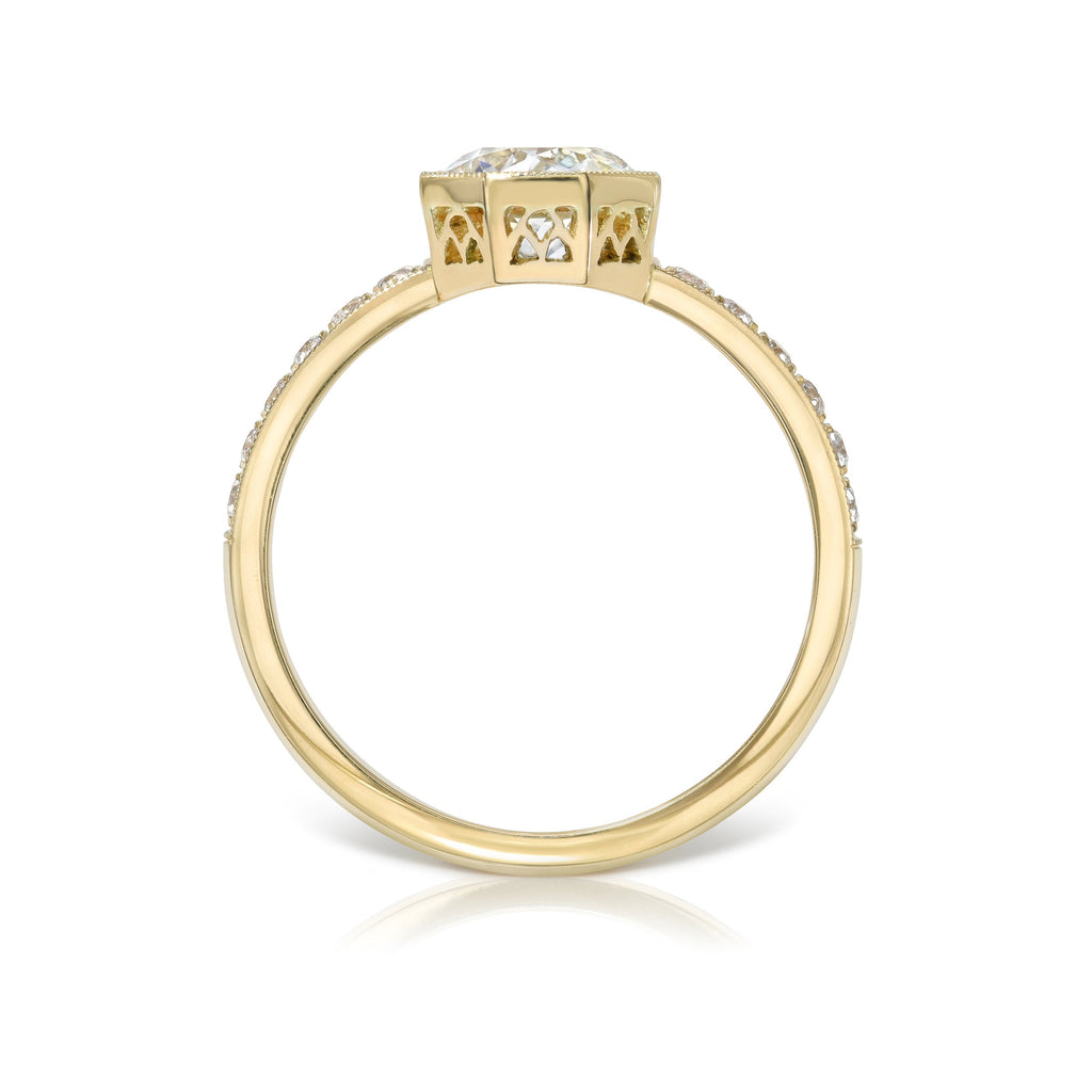 SINGLE STONE EMERSON WITH DIAMONDS RING featuring 0.90ct J/VS1 GIA certified old European cut diamond with 0.22ctw old European cut accent diamonds prong set in a handcrafted 18K yellow gold mounting.