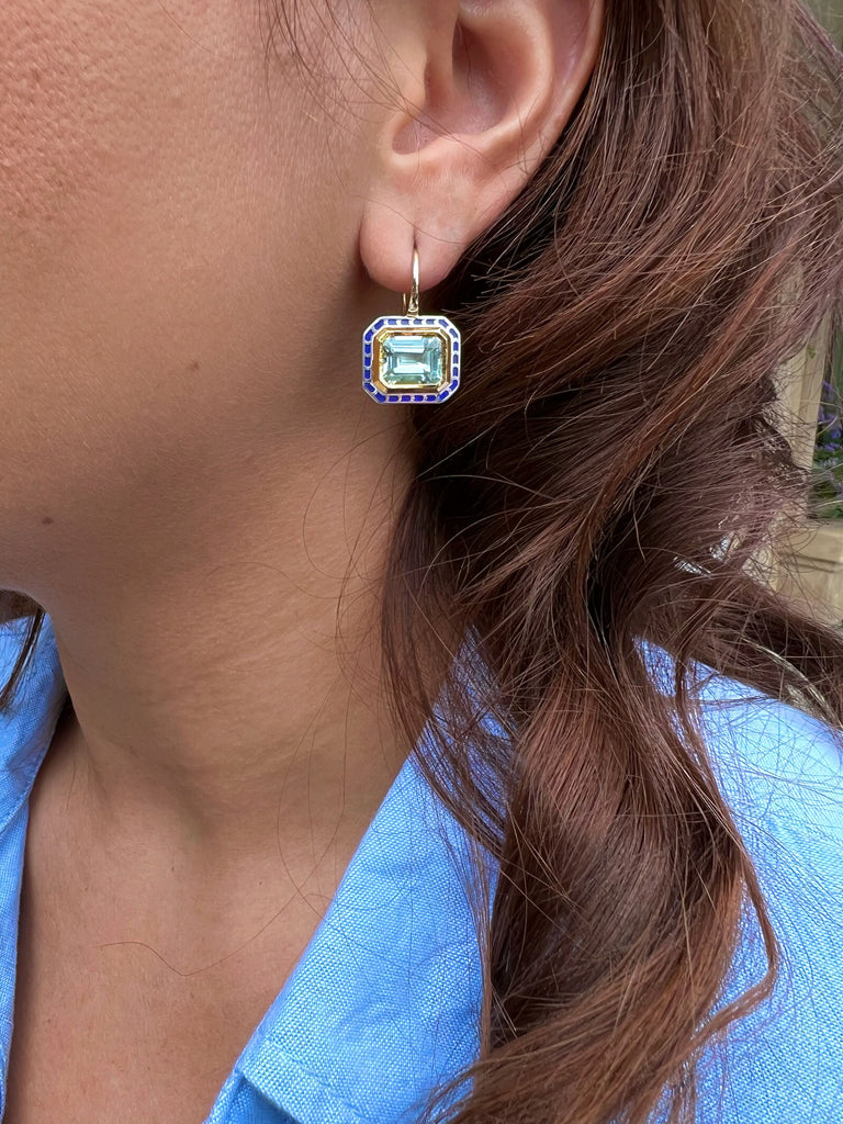 AQUAMARINE TILE EARRINGS, 14k yellow gold & silver Dark and light blue enamel Emerald cut aquamarine Made in London, Earrings, Alice Cicolini
