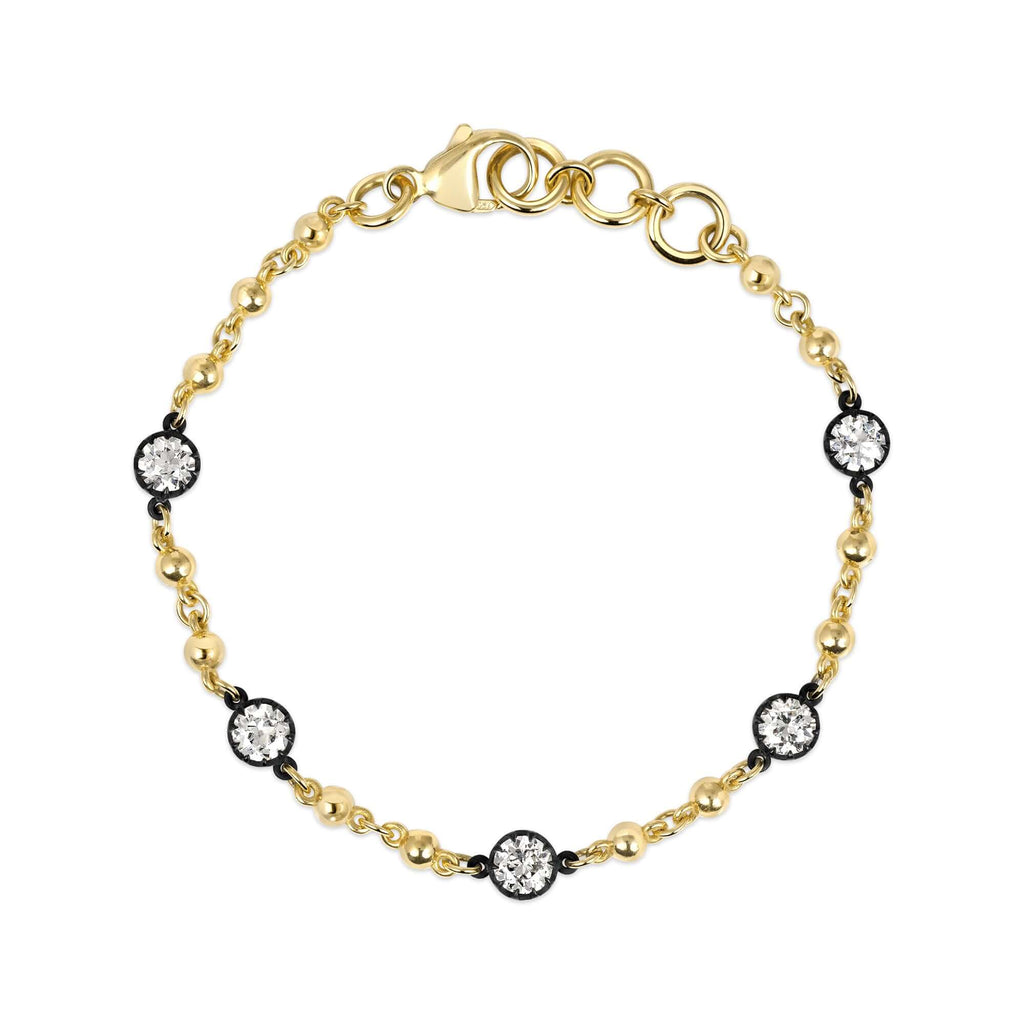 SINGLE STONE FIVE STONE ROSALINA BRACELET featuring 1.99ctw H-J/VS1-VS2-SI1 GIA certified old European cut diamonds prong set on a handcrafted 18K yellow gold and oxidized sterling silver bracelet. Bracelet measures 7.5"