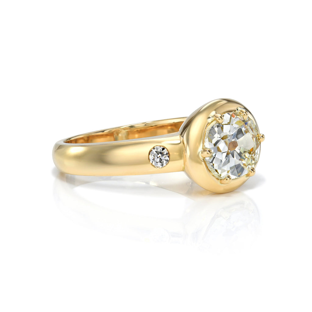 SINGLE STONE FRIDA RING featuring 1.41ct J/SI2 GIA certified old European cut diamond with 0.20ctw old European cut accent diamonds prong set in a handcrafted 18K yellow gold mounting.