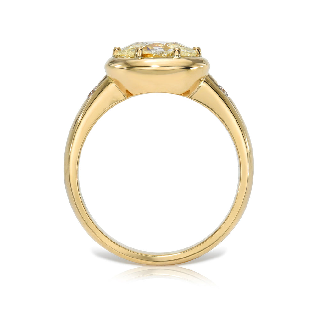 SINGLE STONE FRIDA RING featuring 1.41ct J/SI2 GIA certified old European cut diamond with 0.20ctw old European cut accent diamonds prong set in a handcrafted 18K yellow gold mounting.