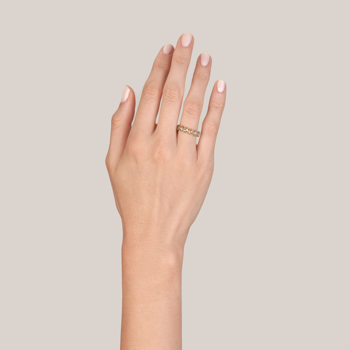 SINGLE STONE LARGE ROSE CUT GABBY HALF BAND BAND | ﻿Approximately 0.90ctw rose cut diamonds set in a handcrafted bezel set half-eternity band. Approximate band width 4.8mm. Please inquire for additional customization.