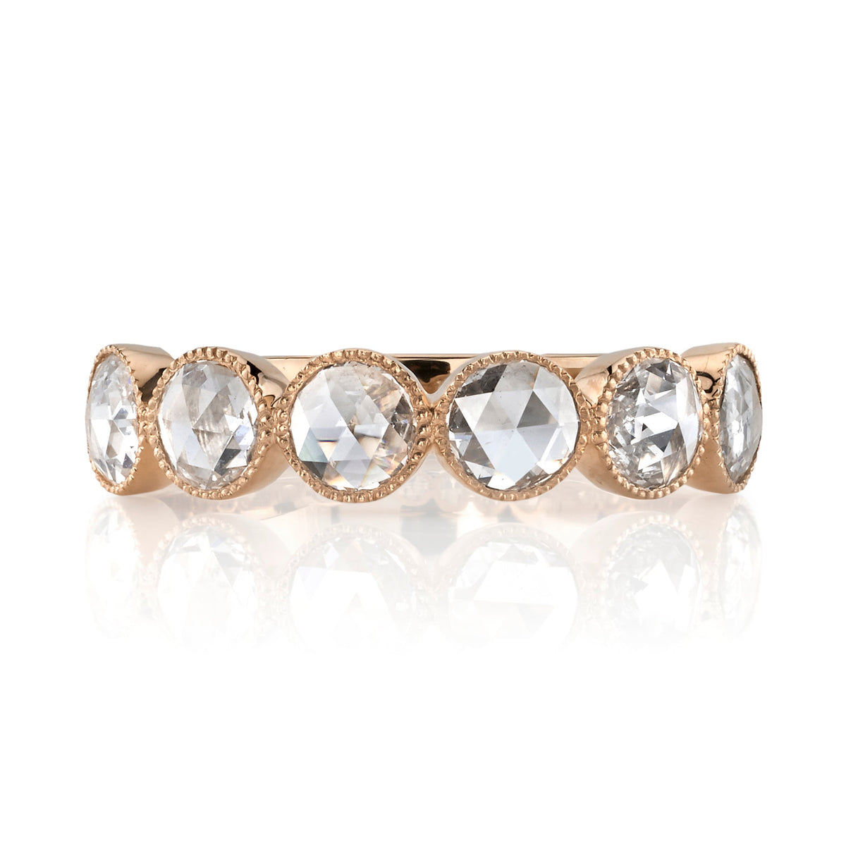 SINGLE STONE LARGE ROSE CUT GABBY HALF BAND BAND | ﻿Approximately 0.90ctw rose cut diamonds set in a handcrafted bezel set half-eternity band. Approximate band width 4.8mm. Please inquire for additional customization.