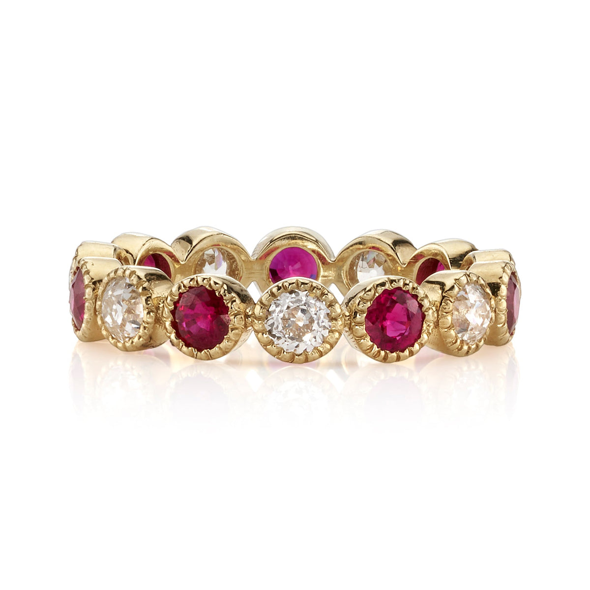 SINGLE STONE MEDIUM GABBY WITH DIAMONDS AND GEMSTONES BAND | Approximately 0.95ctw G-H/VS-SI old European cut diamonds and 1.20ctw round cut color gemstones set in a handcrafted bezel set eternity band. Approximate band width 3.6mm. Please inquire for add
