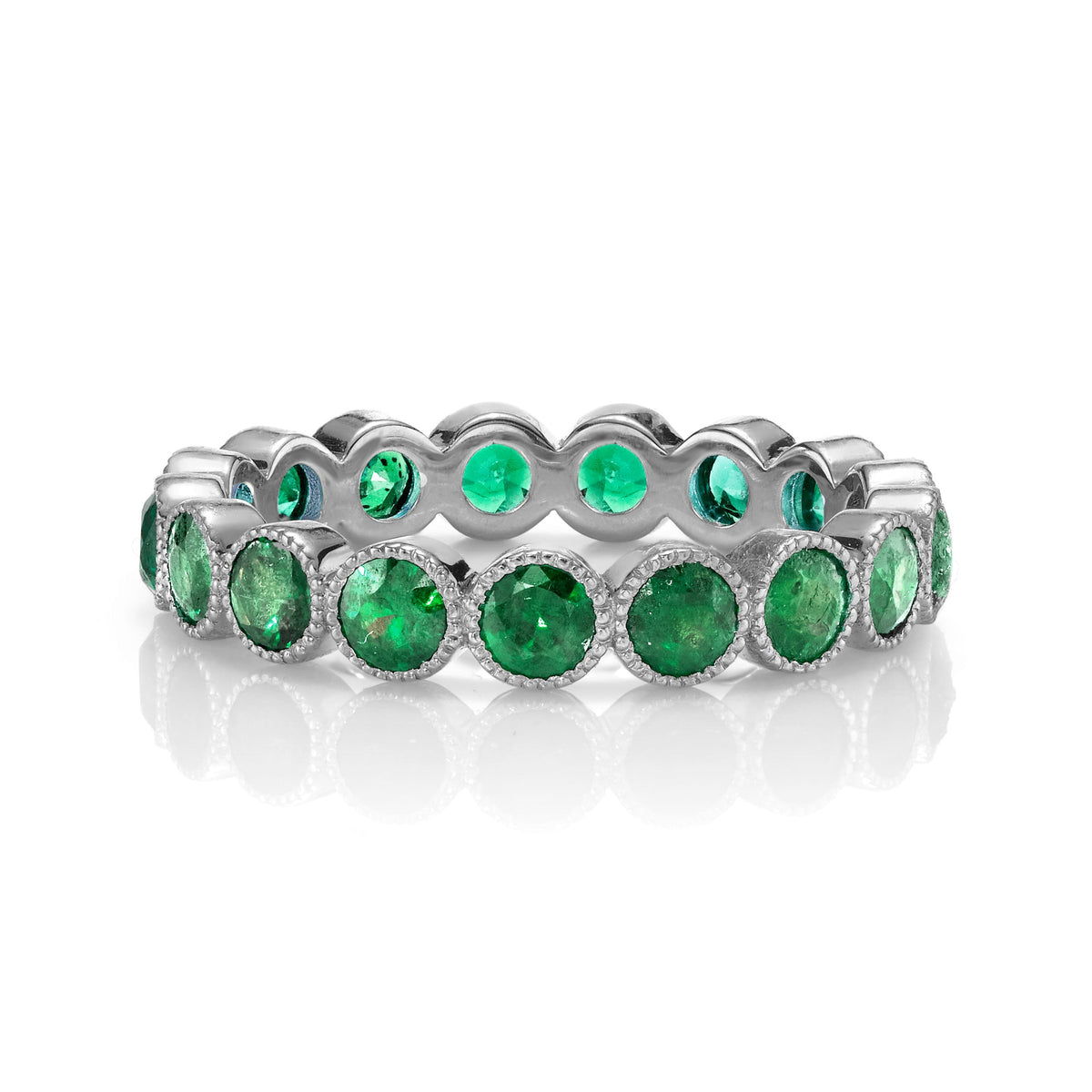 SINGLE STONE MEDIUM GABBY WITH GEMSTONES BAND | Approximately 2.30ctw round cut gemstones bezel set in a handcrafted eternity band. Approximate band with 3.6mm. Please inquire for additional customization.