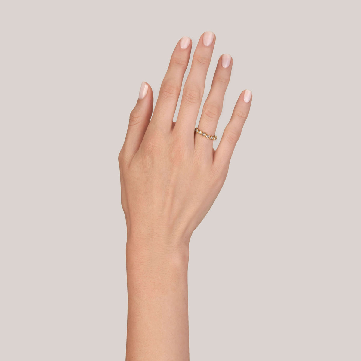 SINGLE STONE MEDIUM ROSE CUT GABBY BAND | Approximately 1.20ctw G-H/VS-SI rose cut diamonds bezel set in a handcrafted eternity band. Approximate band with 3.6mm. Please inquire for additional customization.