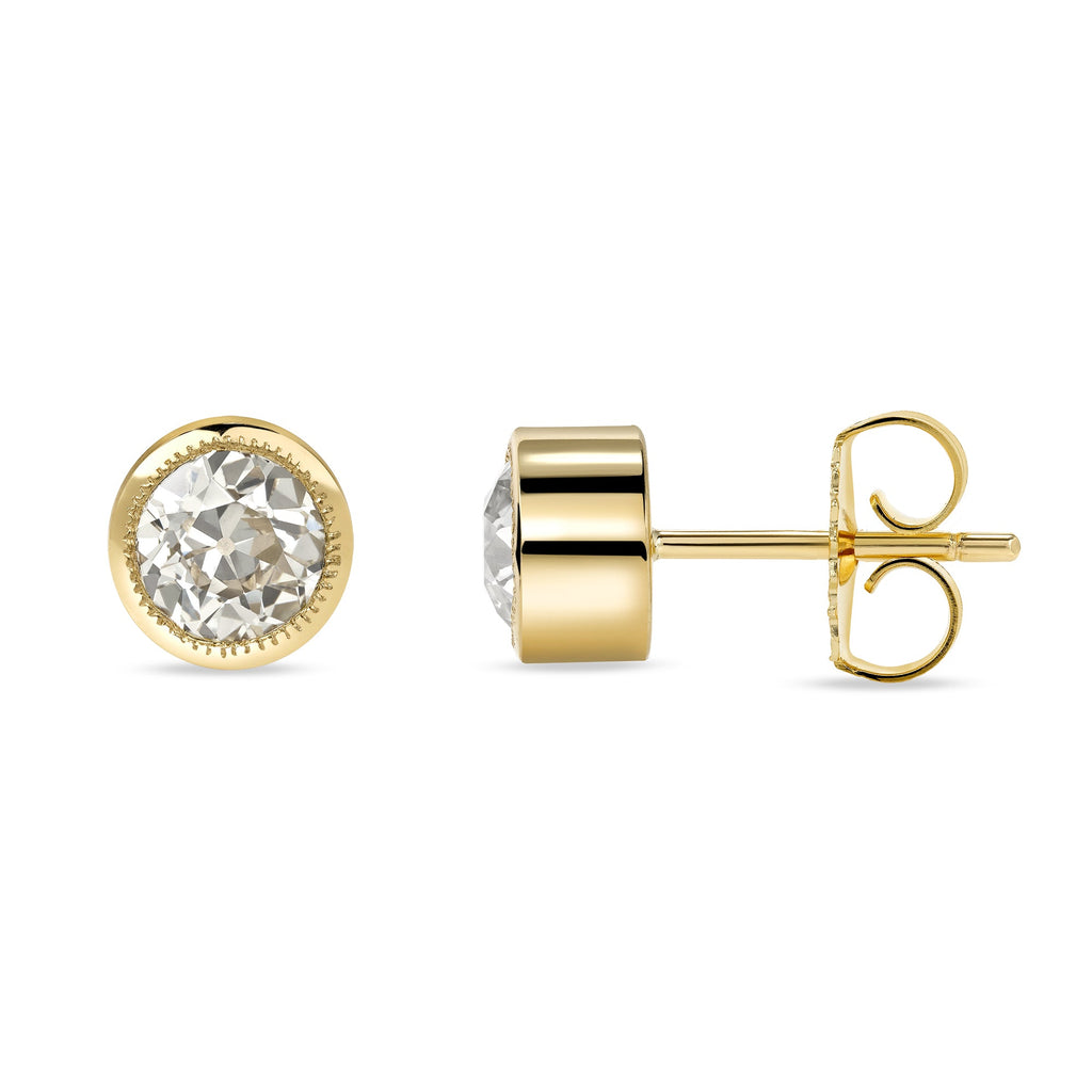 SINGLE STONE GABBY STUDS | Earrings featuring 1.64ctw L-O-P/VS1-I1 GIA certified old European cut diamonds bezel set in handcrafted 18K yellow gold stud earrings.