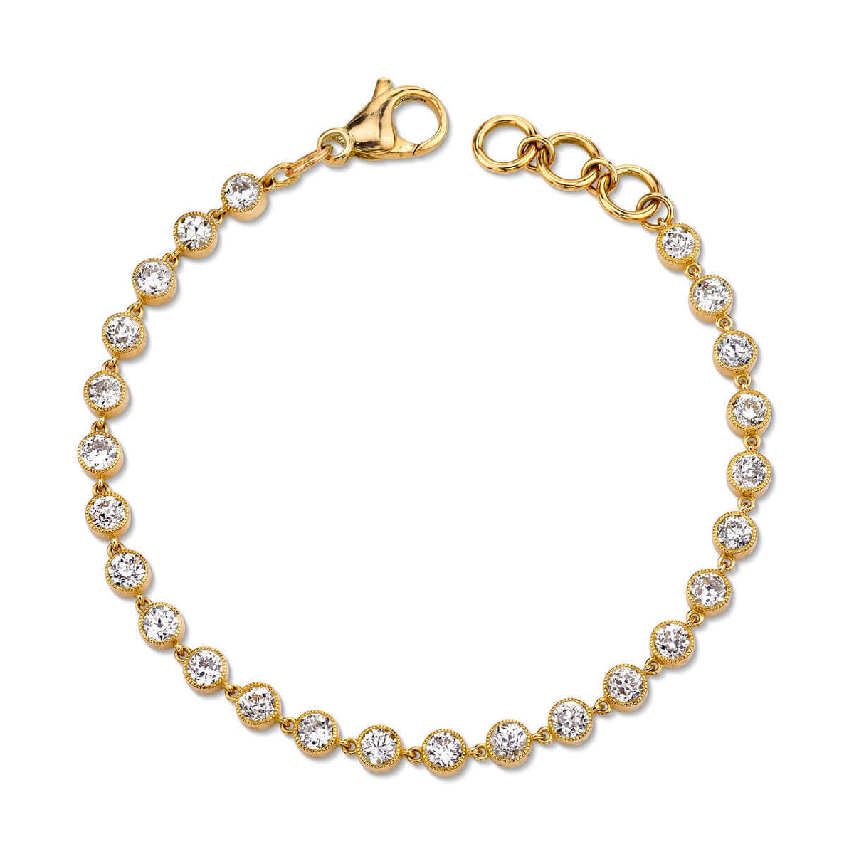 SINGLE STONE GABBY BRACELET featuring Approximately 5.30ctw G-H/VS-SI old European cut diamonds set in a handcrafted 18K yellow gold diamond tennis bracelet. Bracelet measures 7.5".