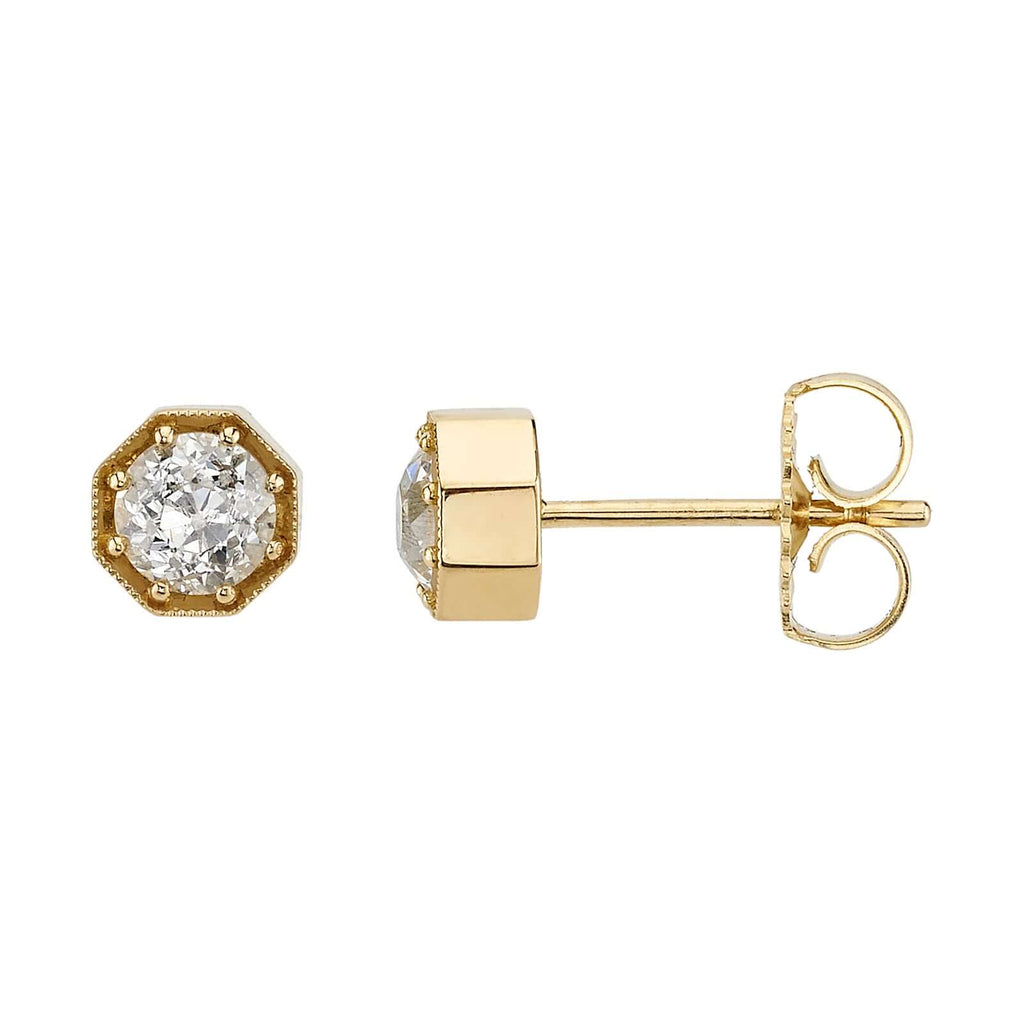 SINGLE STONE GEMMA STUDS | Earrings featuring 0.78ctw H-I/VS-SI old European cut diamonds prong set in handcrafted 18K yellow gold stud earrings.
